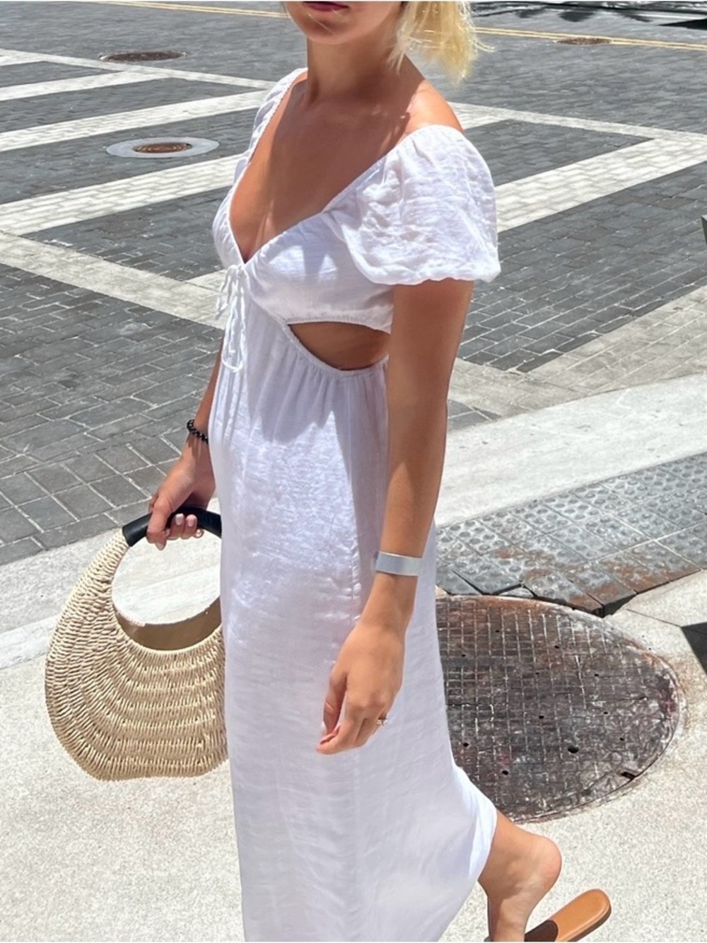 White viscose Cutout Midi Dress with Puff Sleeves